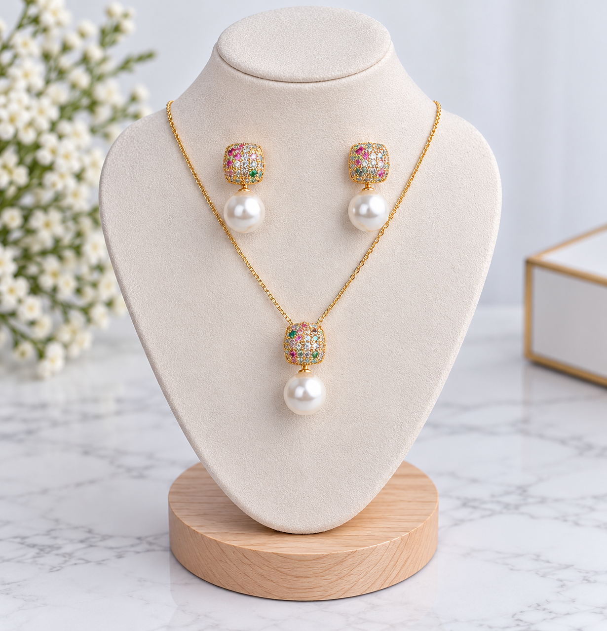 Multicolour Crystal & Pearl Jewellery Set – Gold-Tone Necklace & Drop Earrings