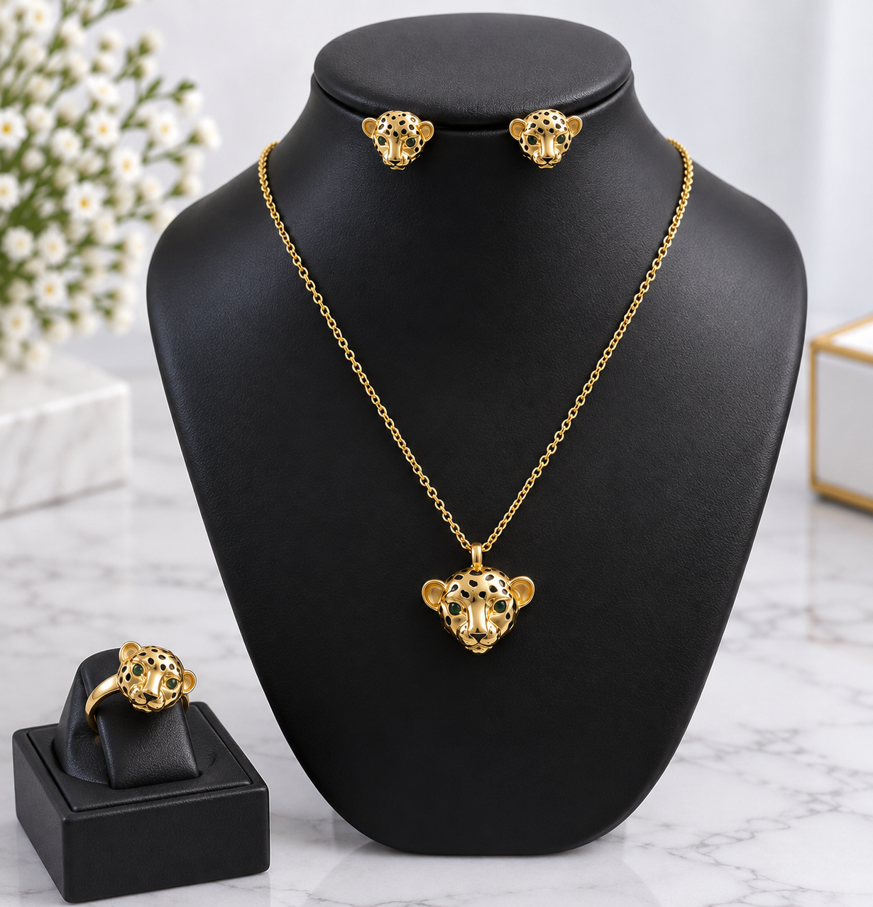 Gold Leopard Jewellery Set – Statement Necklace, Earrings & Ring