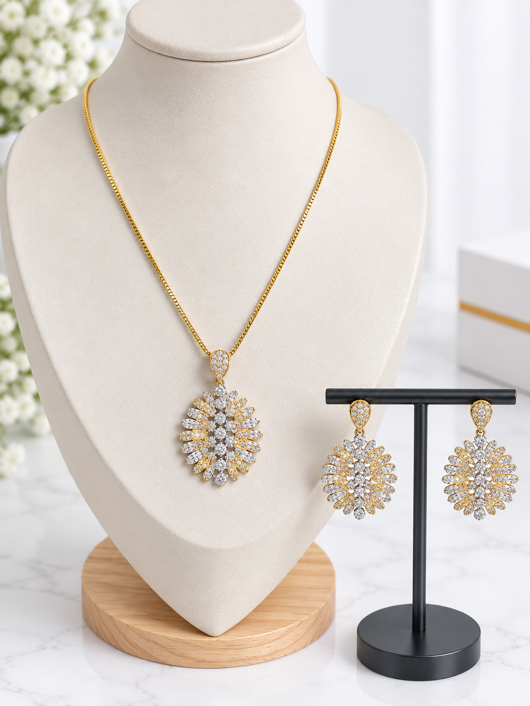 Zirconia Floral Necklace and Earrings Set