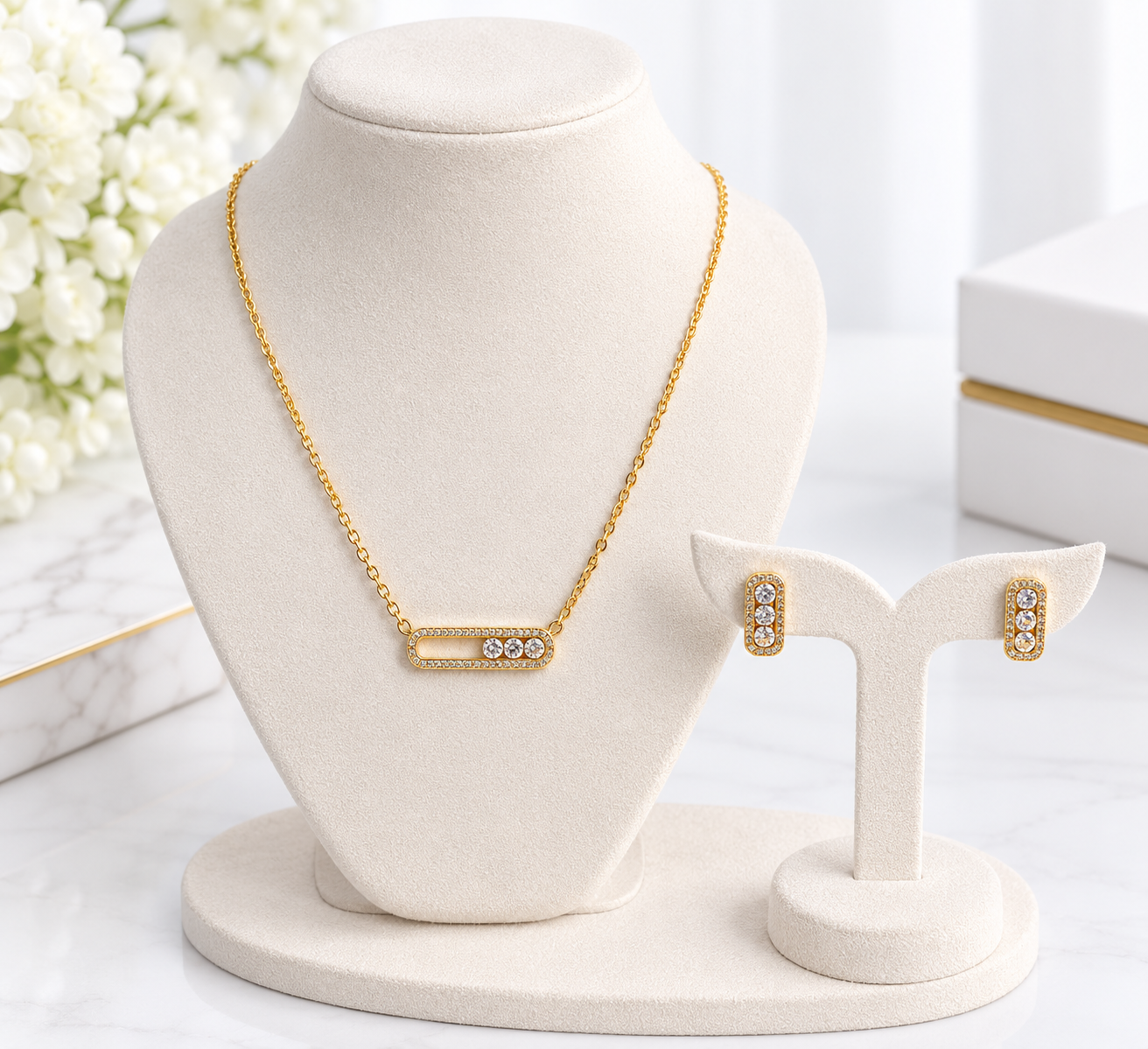 Gold Zirconia Bar Necklace & Earrings Set