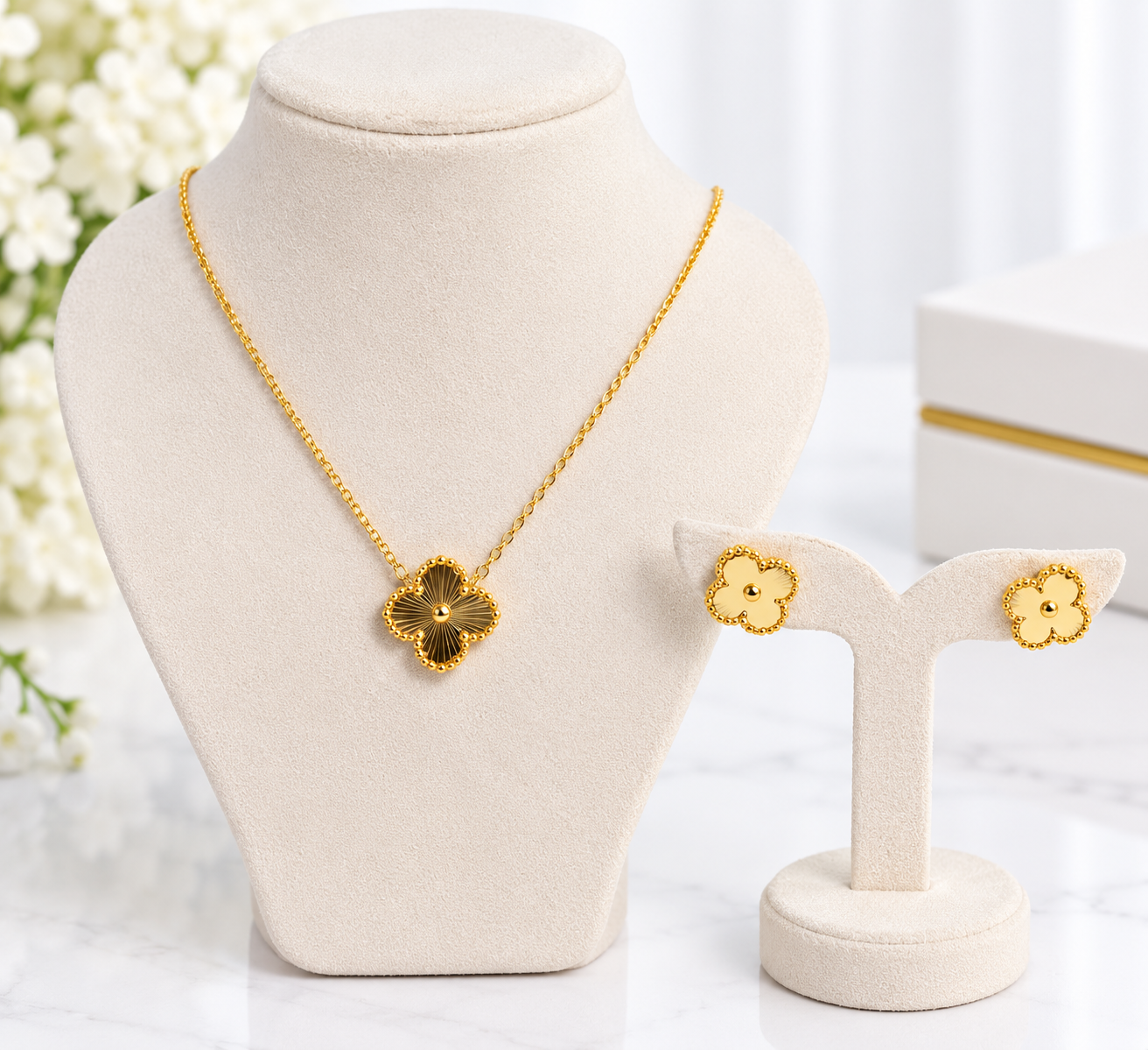 Gold Clover Necklace & Earrings Set