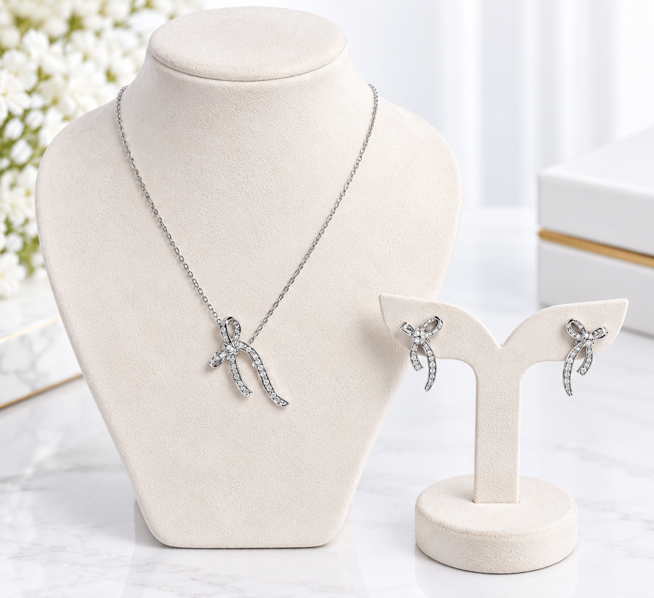 Silver Bow Necklace & Earrings Set