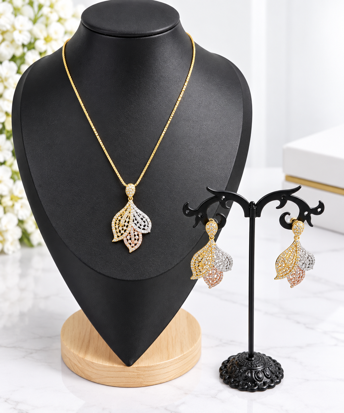 Gold & Silver Zirconia Necklace & Earrings Set