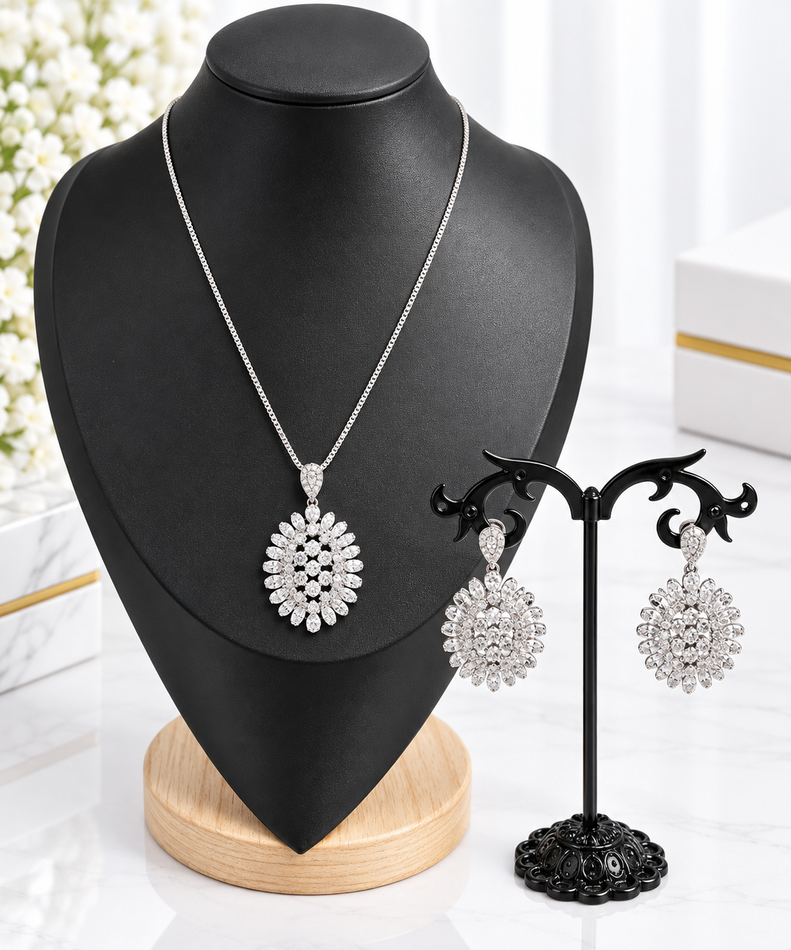 Silver Zirconia Floral Necklace & Earrings Set