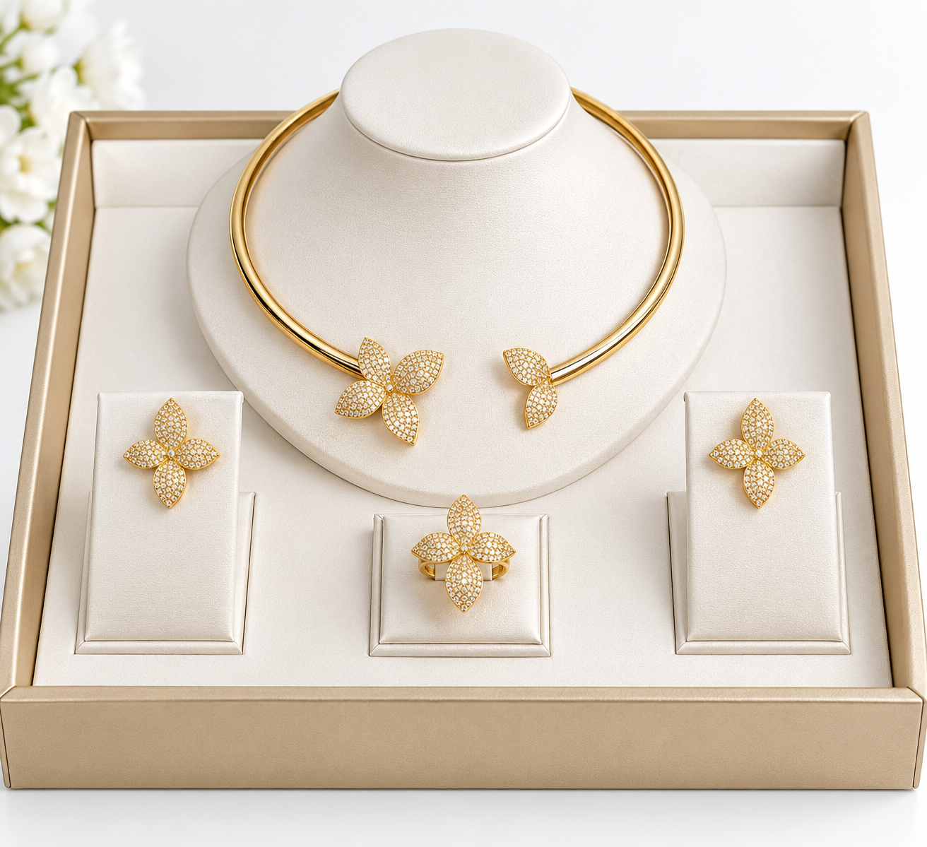 Gold Floral Necklace, Earrings & Ring Set