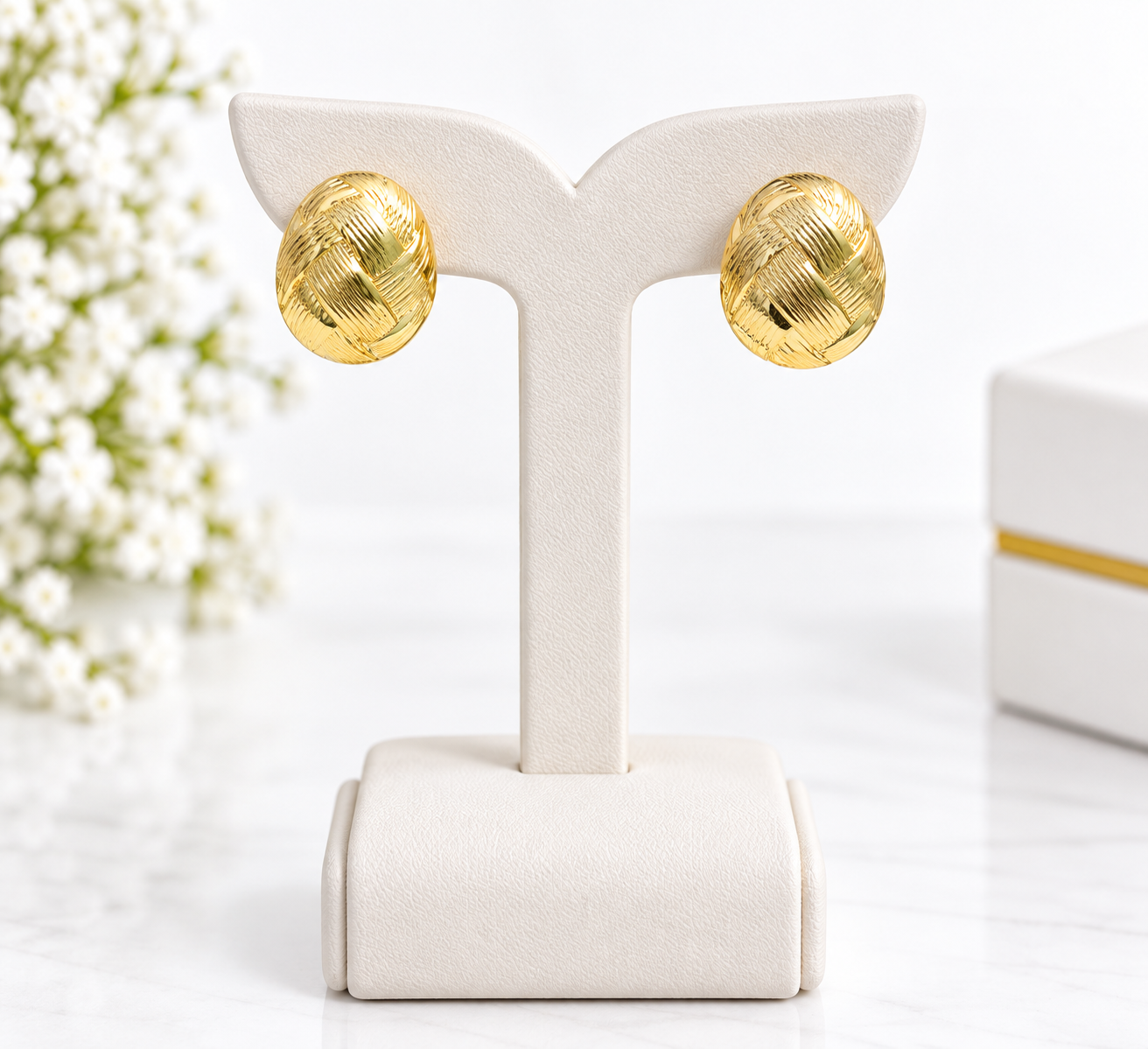 Gold Textured Woven Stud Earrings For Women