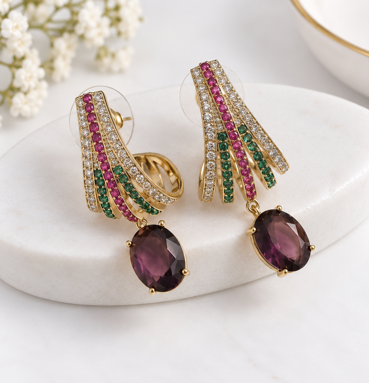 Gold Amethyst Statement Drop Earrings with Ruby & Emerald Details