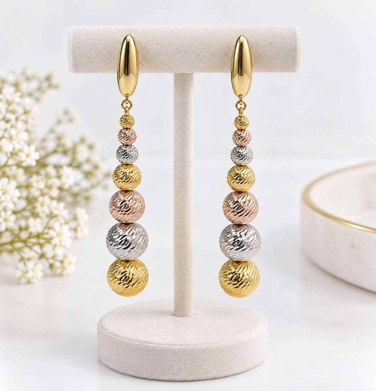 Gold & Silver Three-Tone Beaded Drop Earrings