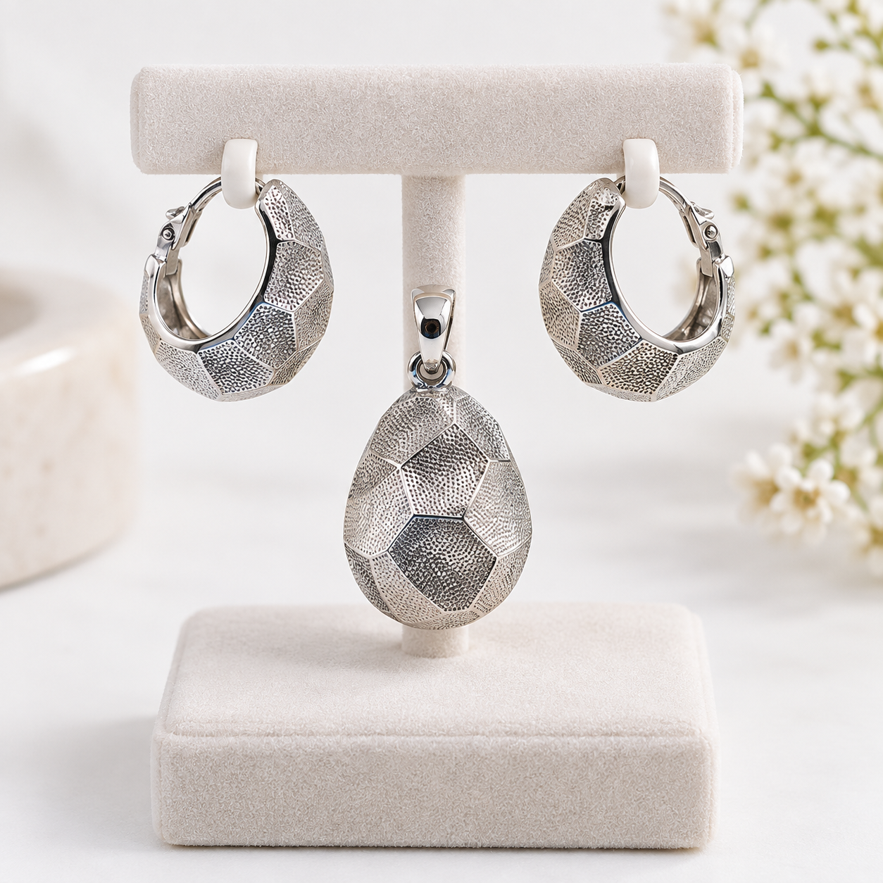 Silver Textured Hoop Earrings & Matching Pendant Set