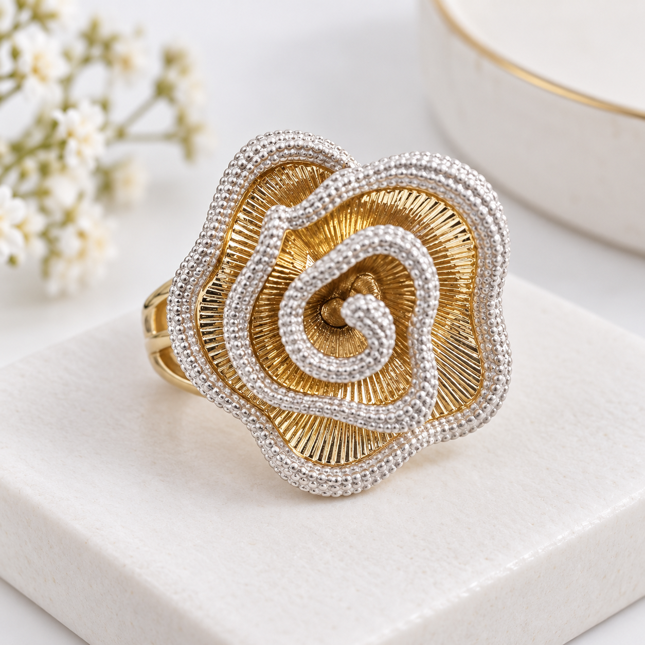 Gold & Silver Statement Ring with Intricate Spiral Design