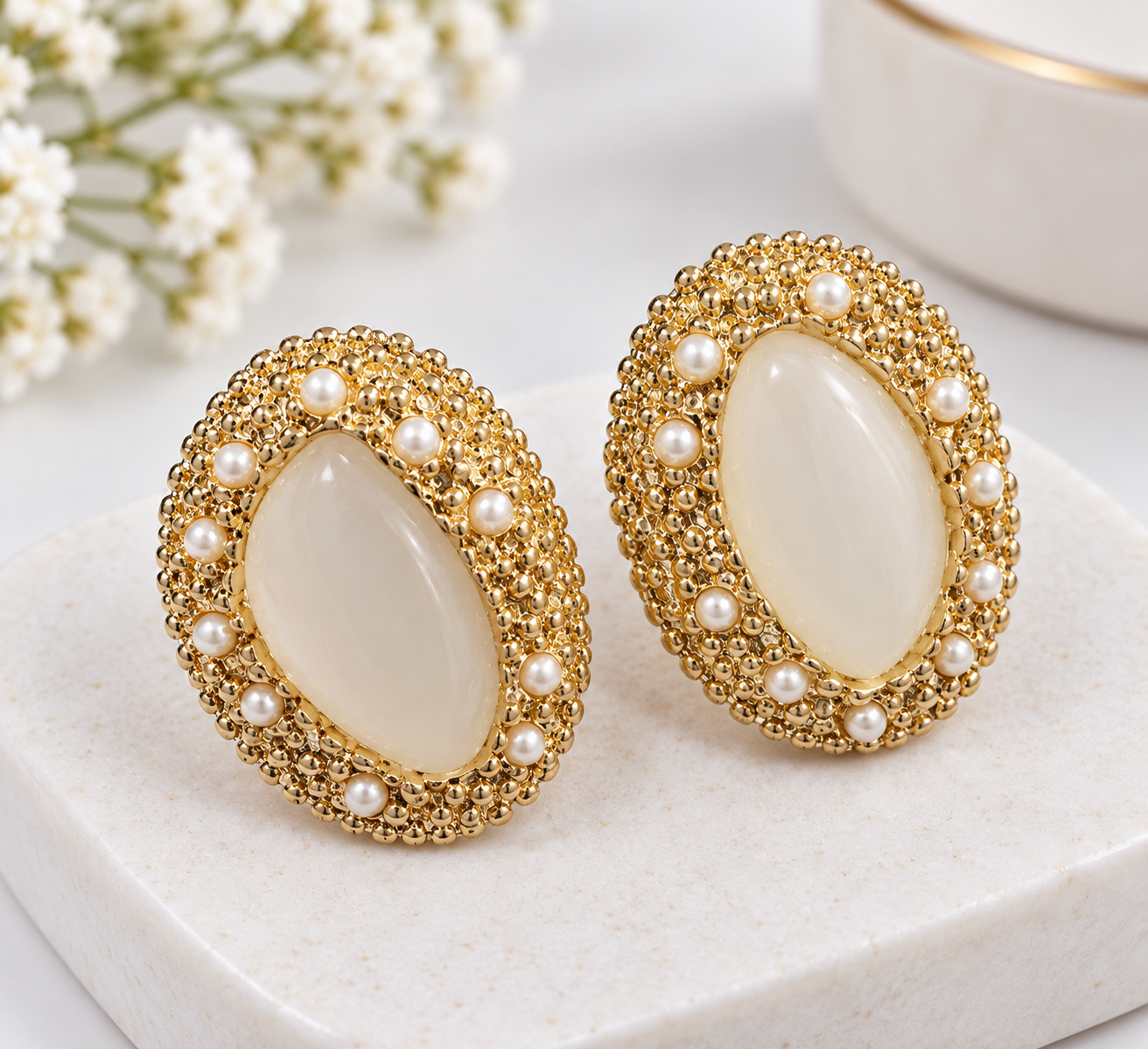 Gold Pearl Statement Earrings
