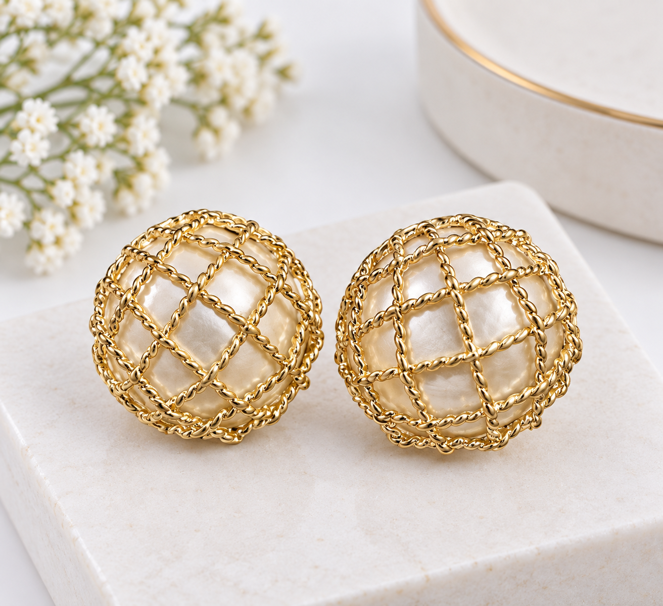 Gold Pearl Ball Stud Earrings with Woven Chain Detail