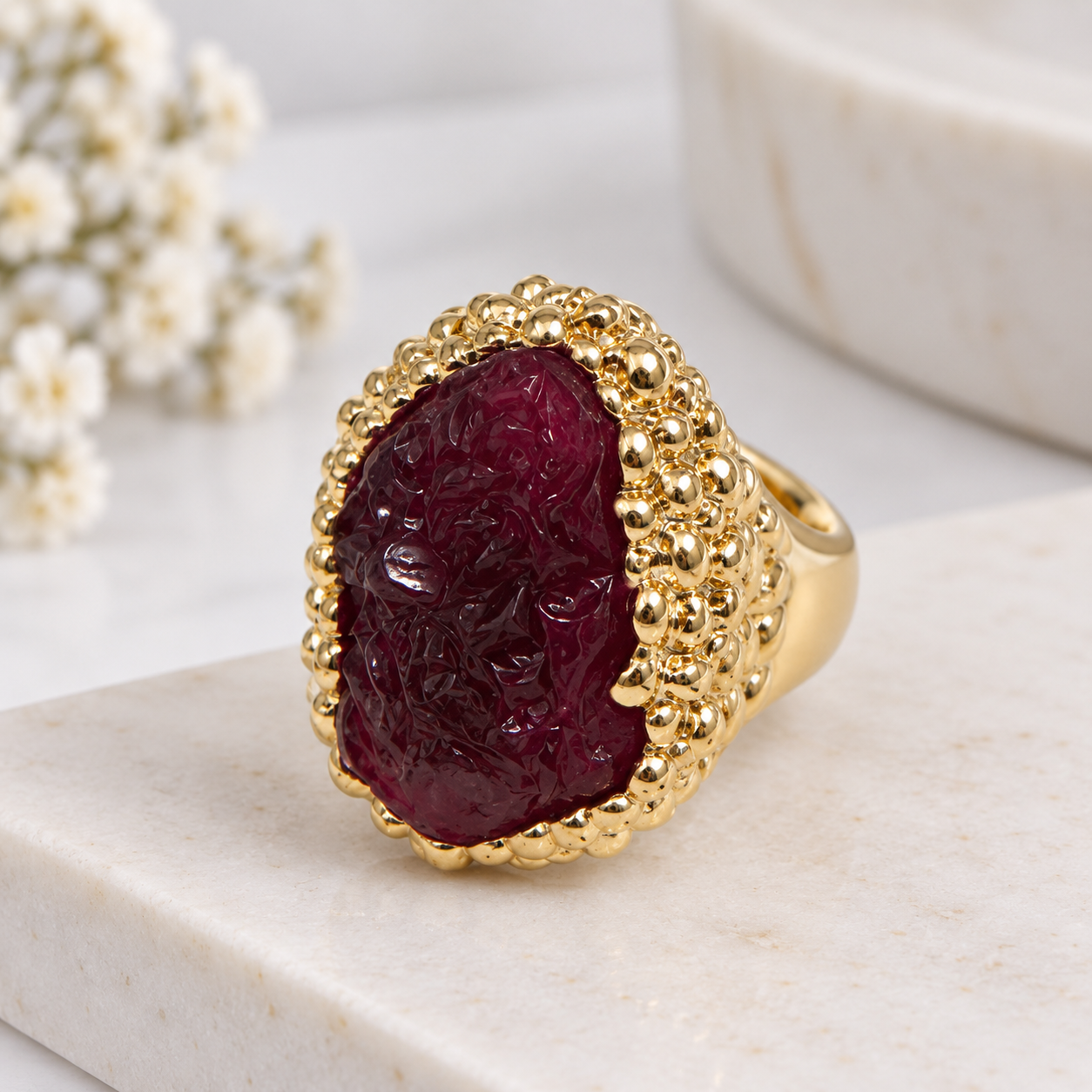 Gold-Tone Burgundy Textured Statement Ring