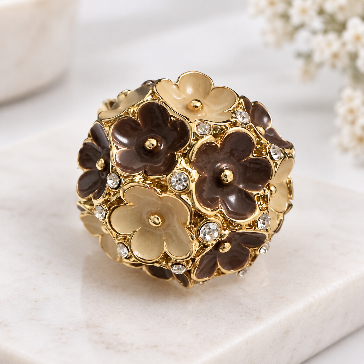 Gold Floral Statement Ring with Cream & Brown Enamel