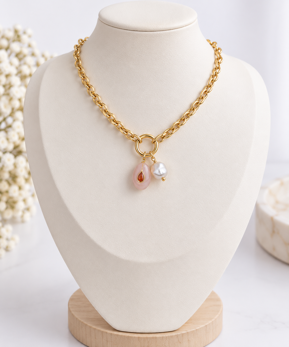 Gold Chain Necklace with Pearl & Pink Charm Pendant