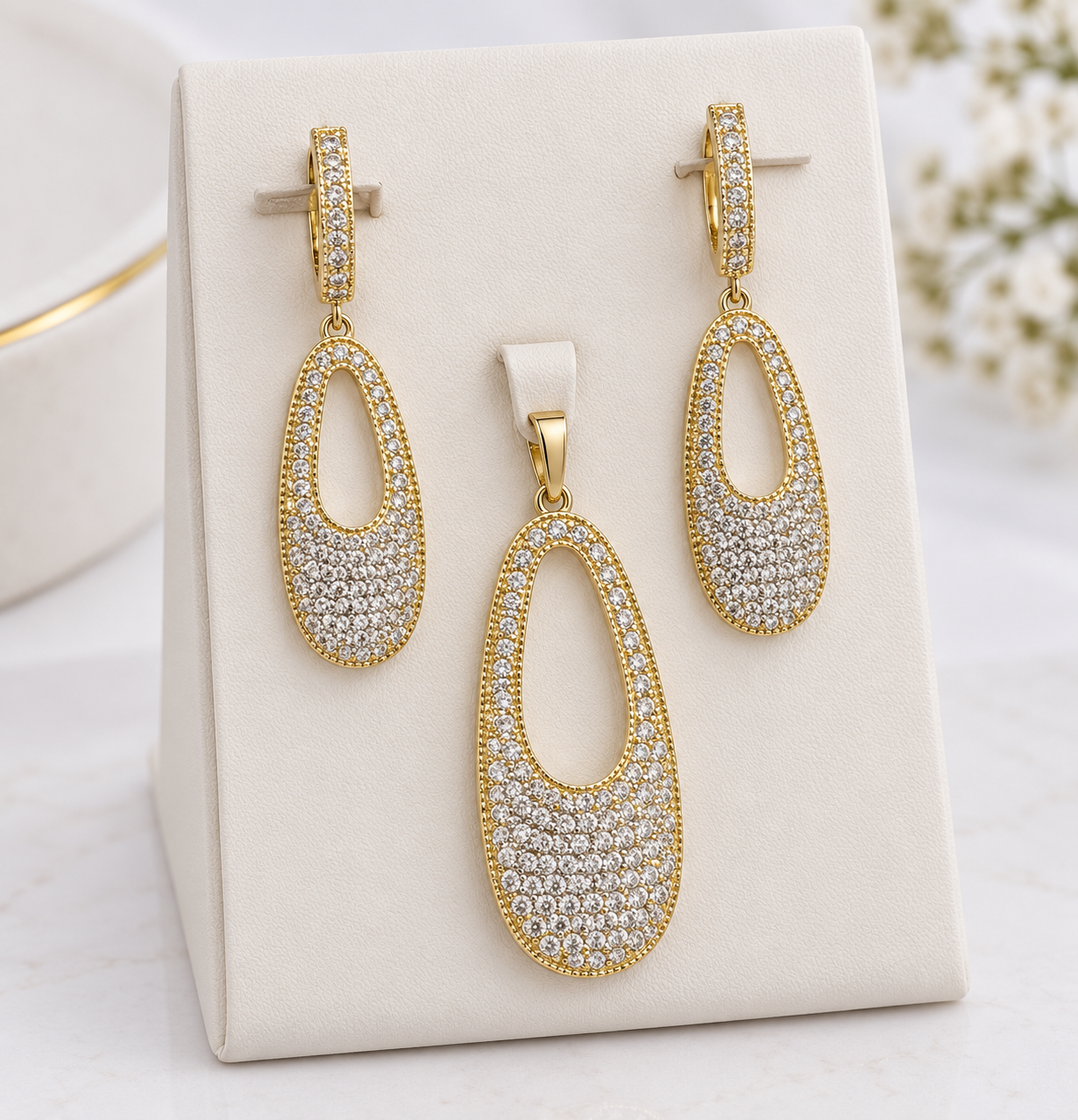 Gold Crystal Teardrop Earrings & Pendant Set