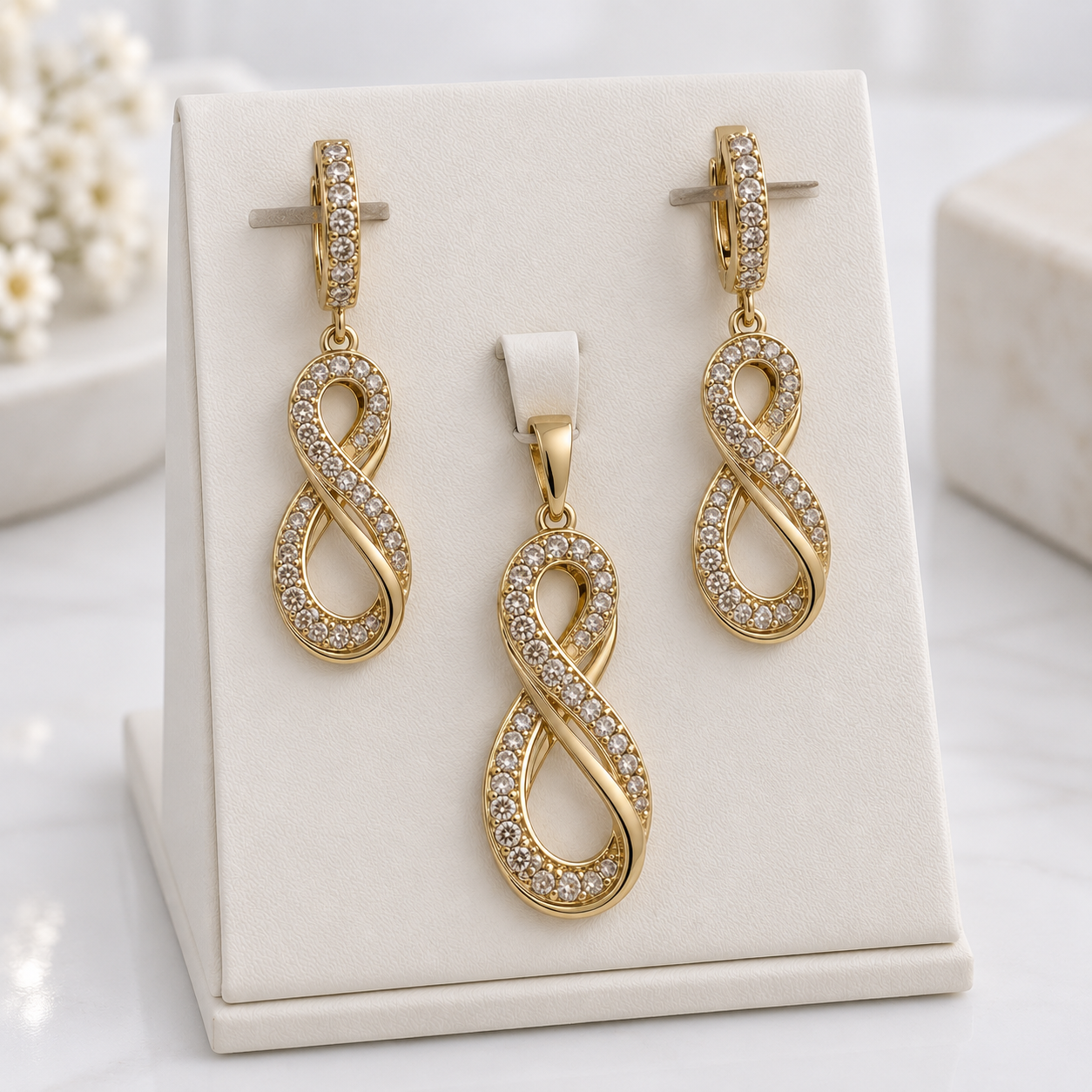 Gold Infinity Teardrop Crystal Earrings & Pendant Set