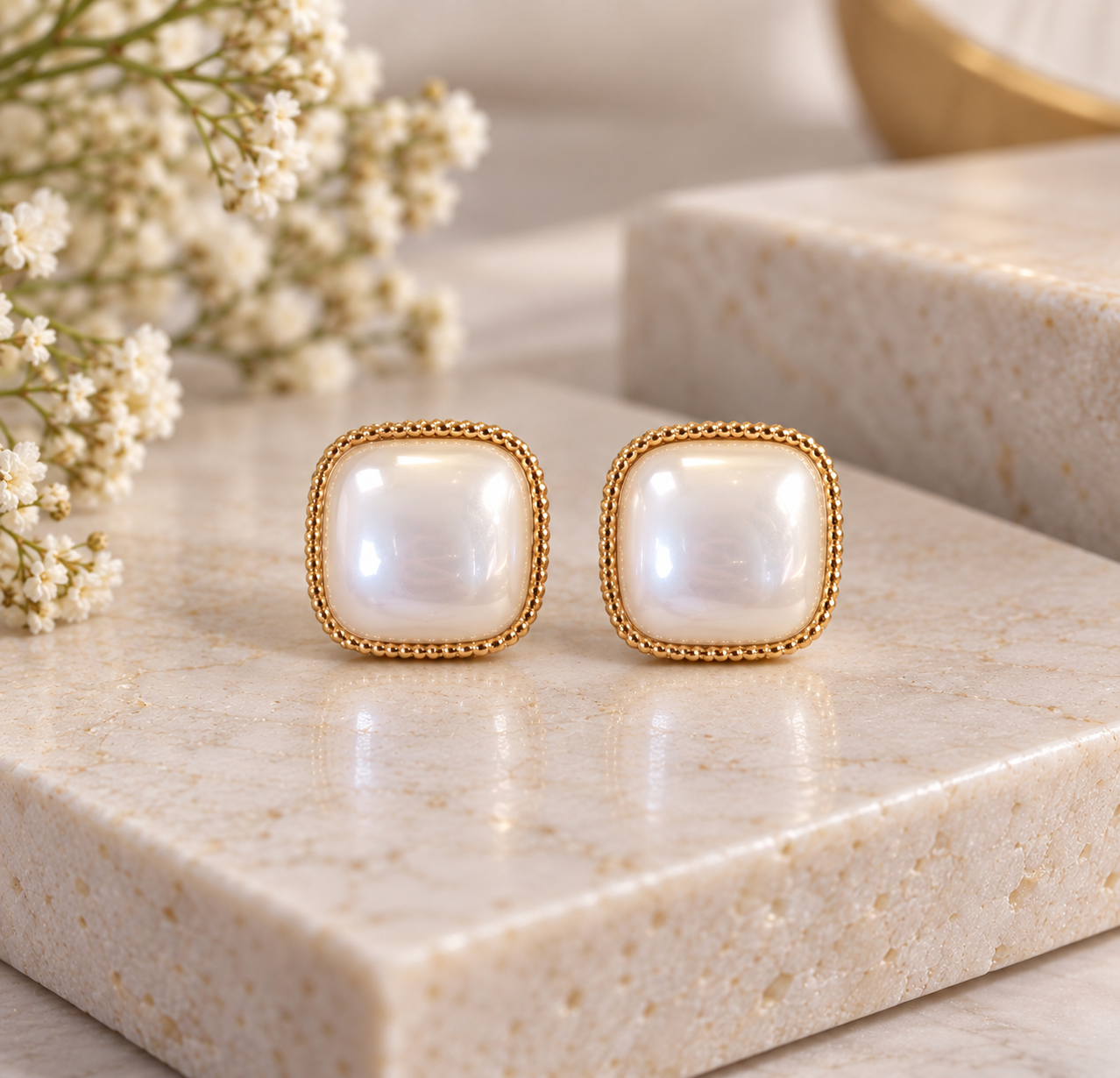 Elegant Gold-Tone Pearl Square Stud Earrings