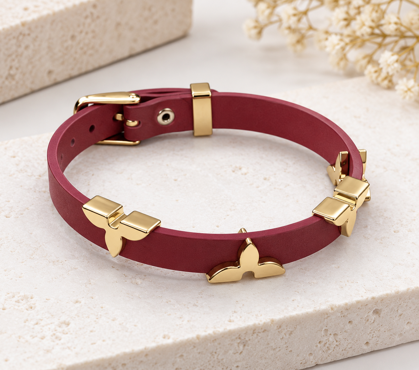 Burgundy Leather Bracelet with Gold Charms