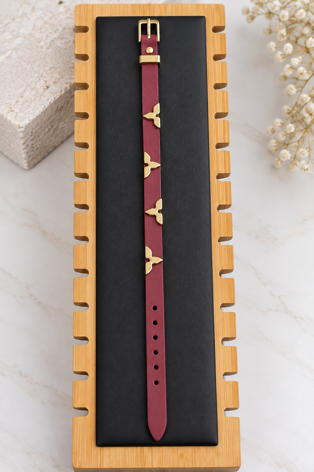 Burgundy Leather Bracelet with Gold Charms