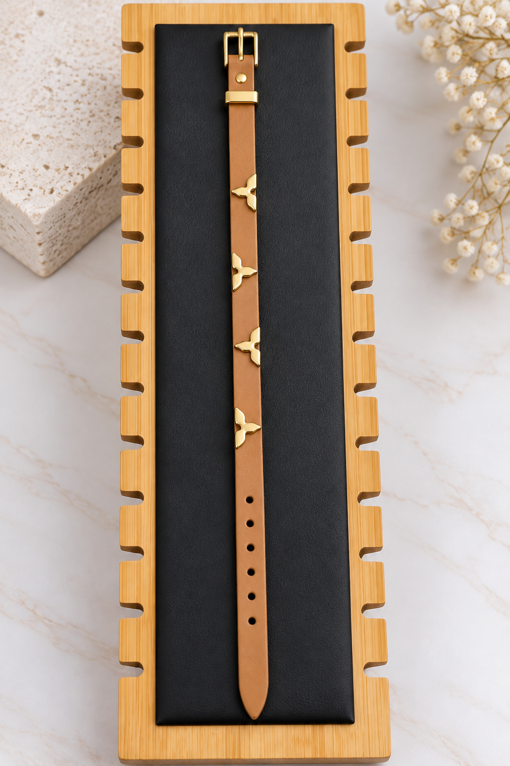 Tan/Camel Leather Bracelet with Gold Charms