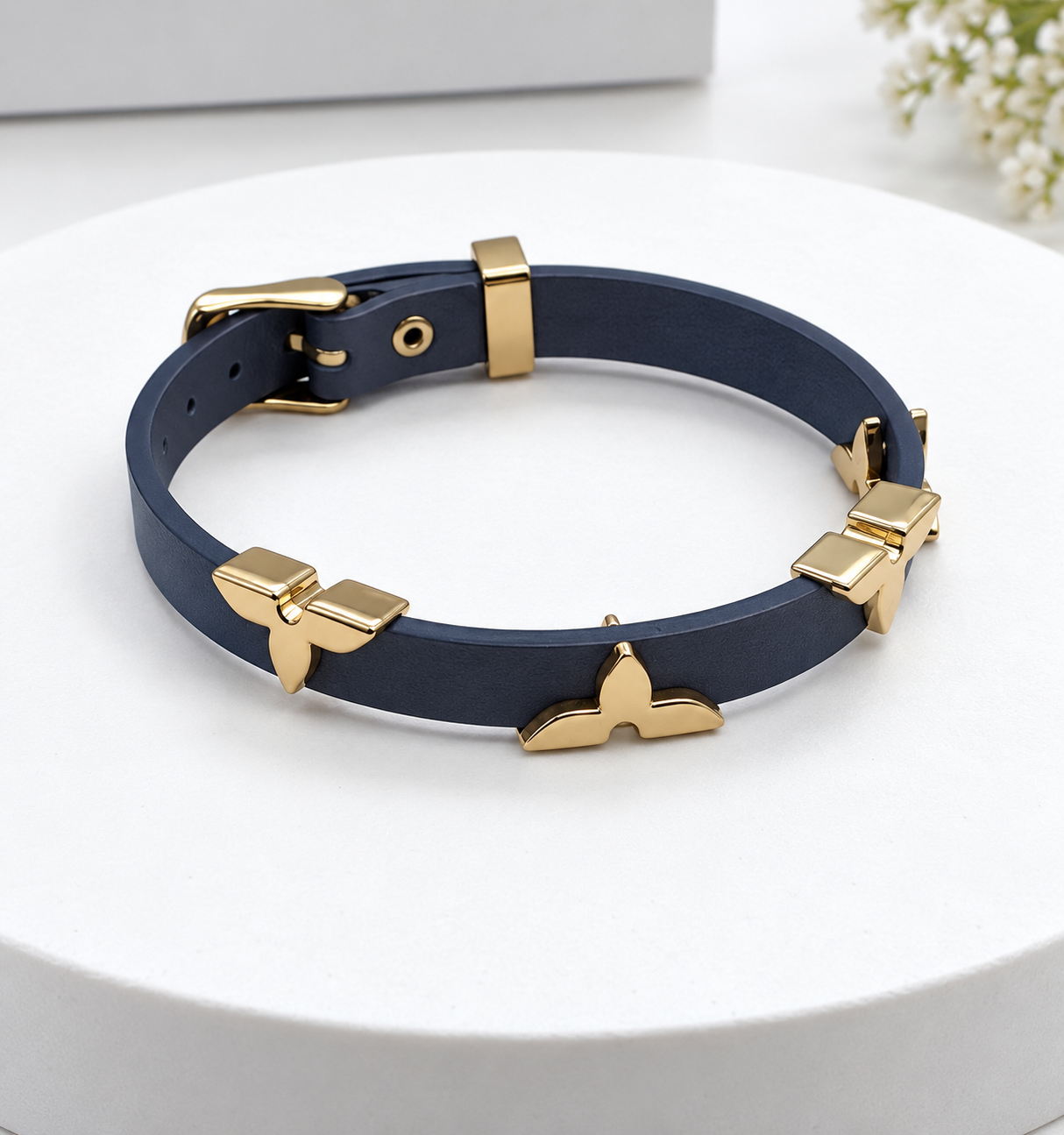 Navy Blue Leather Bracelet with Gold Charms