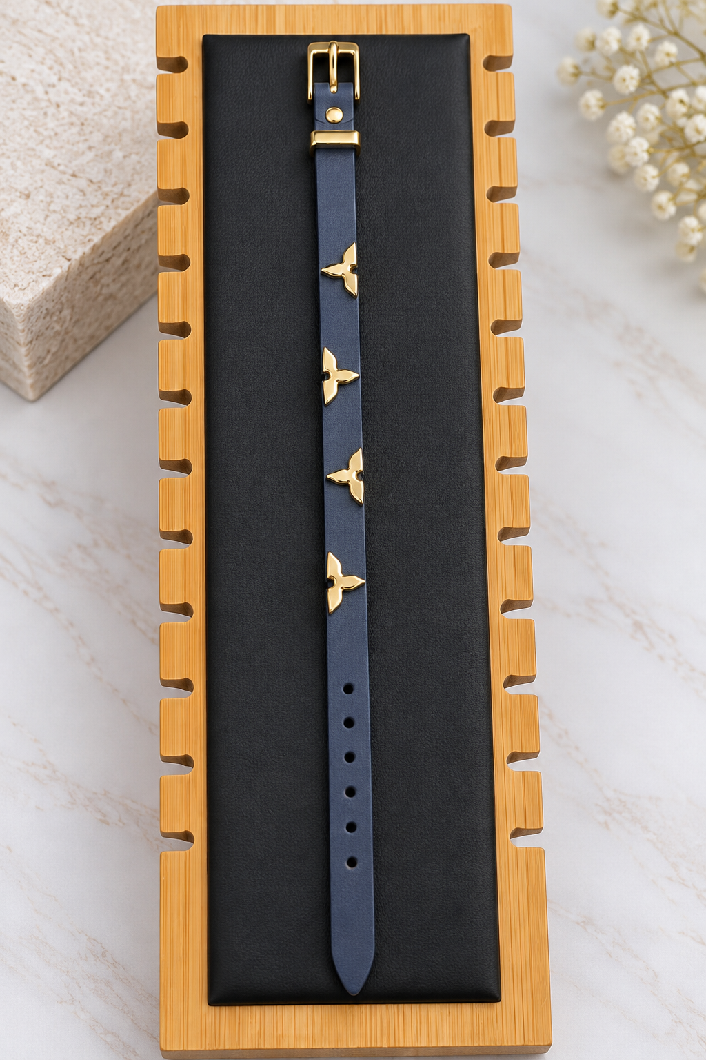 Navy Blue Leather Bracelet with Gold Charms