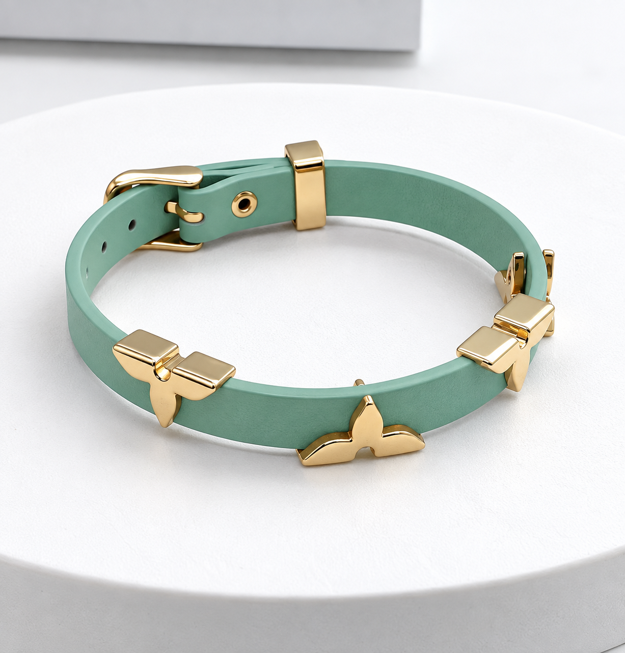 Sage Green Leather Bracelet with Gold Charms