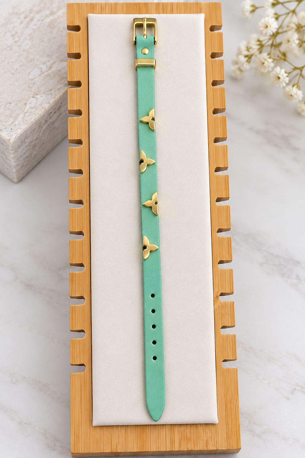 Sage Green Leather Bracelet with Gold Charms