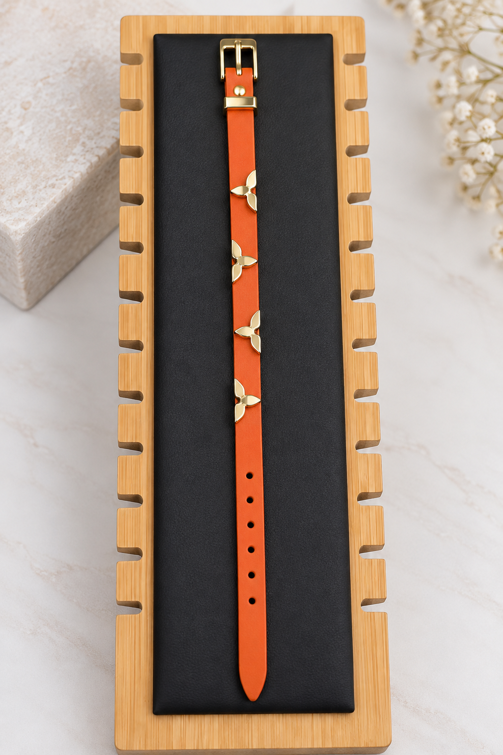 Orange Leather Bracelet with Gold Charms