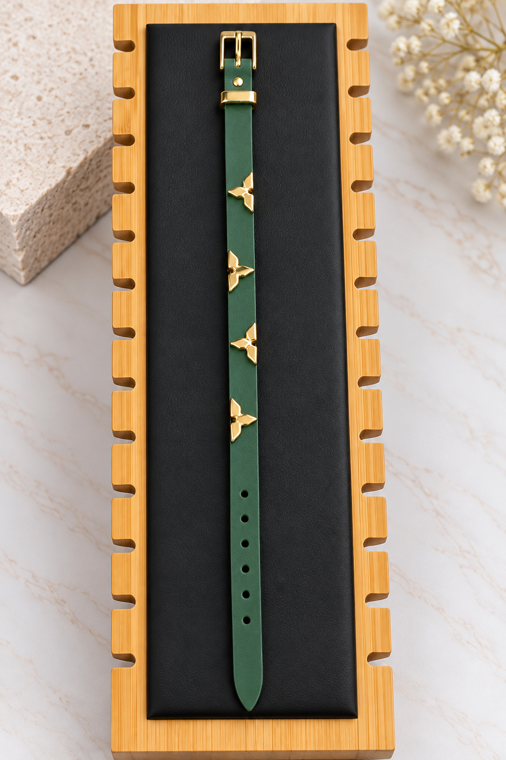 Forest Green Leather Bracelet with Gold Charms