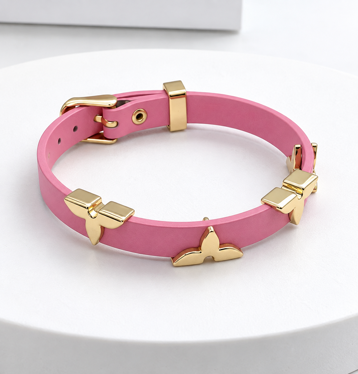 Pink Leather Bracelet with Gold Charms