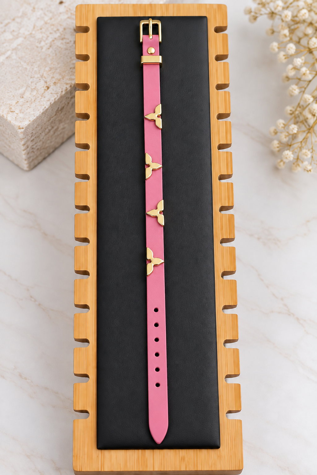 Pink Leather Bracelet with Gold Charms