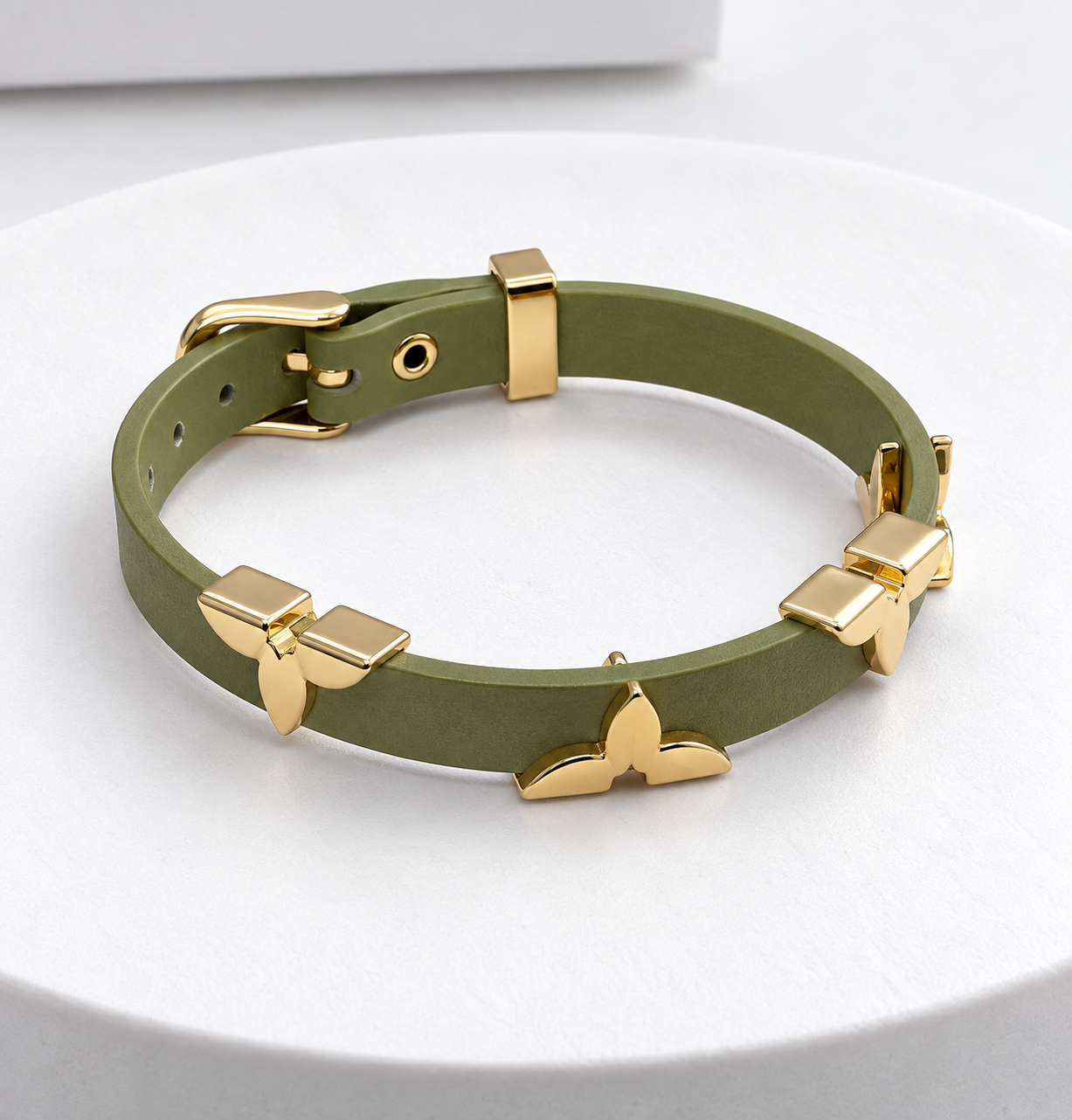 Olive Green Leather Bracelet with Gold Charms