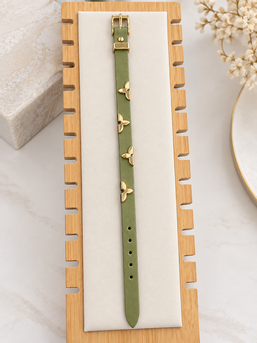 Olive Green Leather Bracelet with Gold Charms