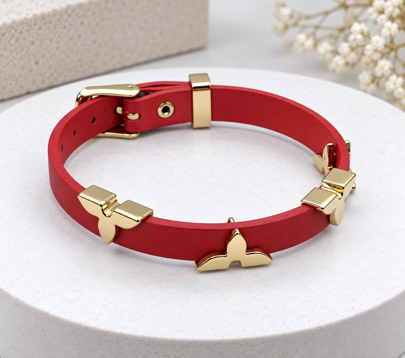 Red Leather Bracelet with Gold Charms