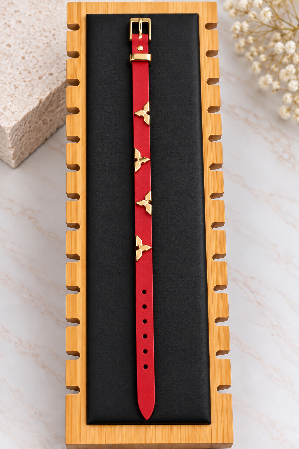 Red Leather Bracelet with Gold Charms