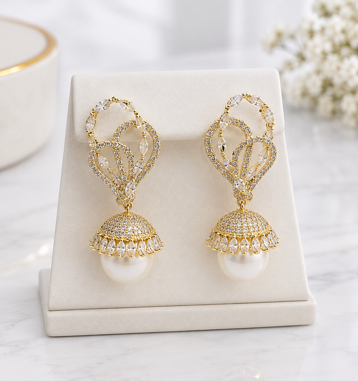 Gold Earrings with Pearl Drops & Crystal Detailing