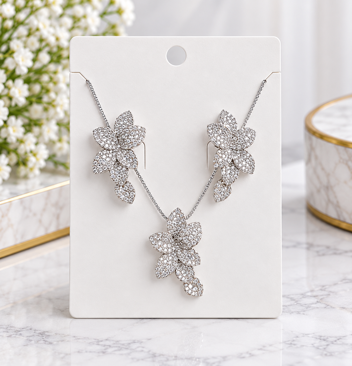 Silver Crystal Flower Necklace & Earrings Set
