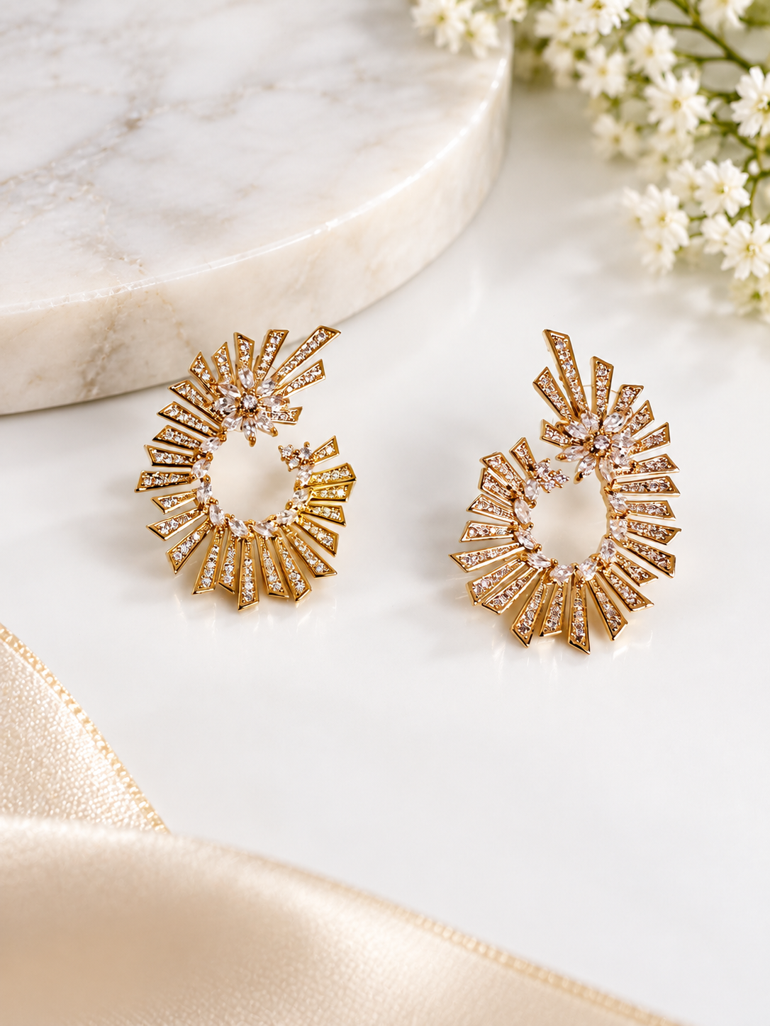 Gold Crystal Sunburst Hoop Earrings