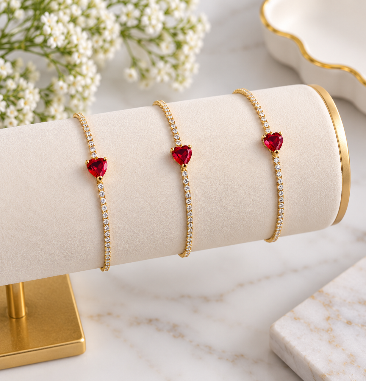 Gold Red Heart Tennis Bracelet