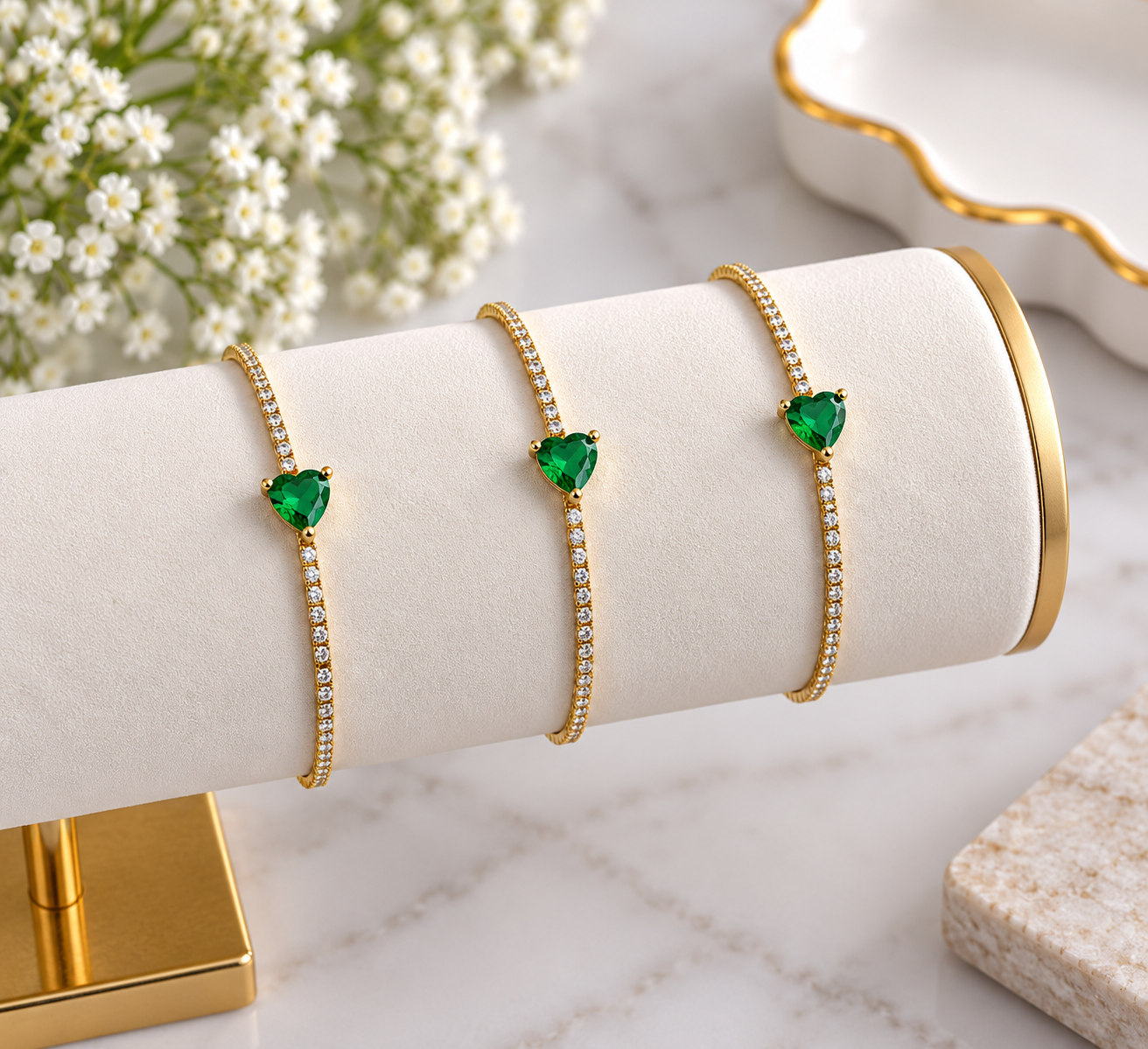 Gold Emerald Heart Tennis Bracelet