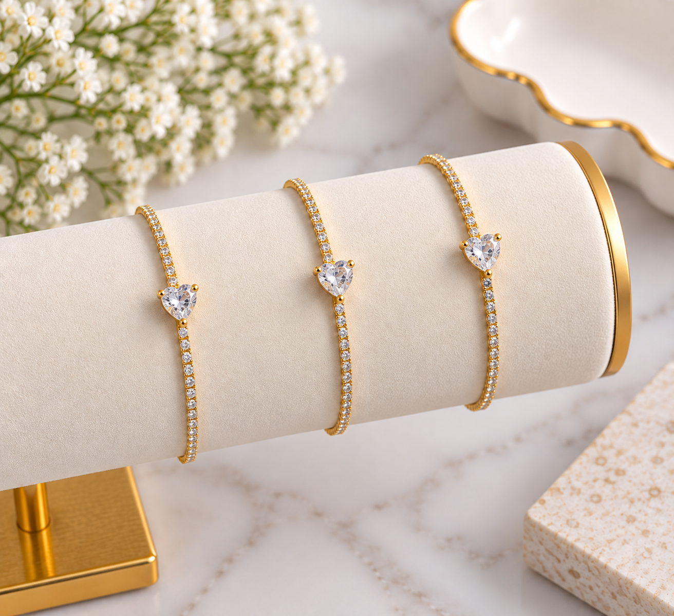 Gold Clear Crystal Heart Tennis Bracelet