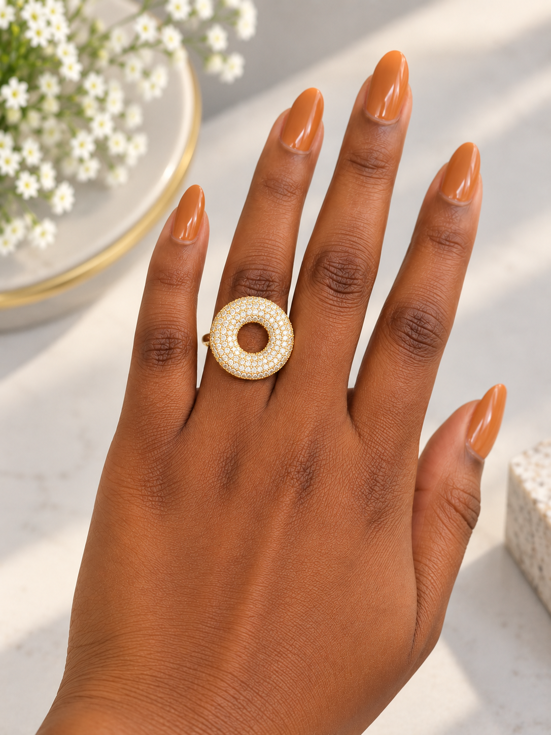 Round Gold Halo Cocktail Ring for Women