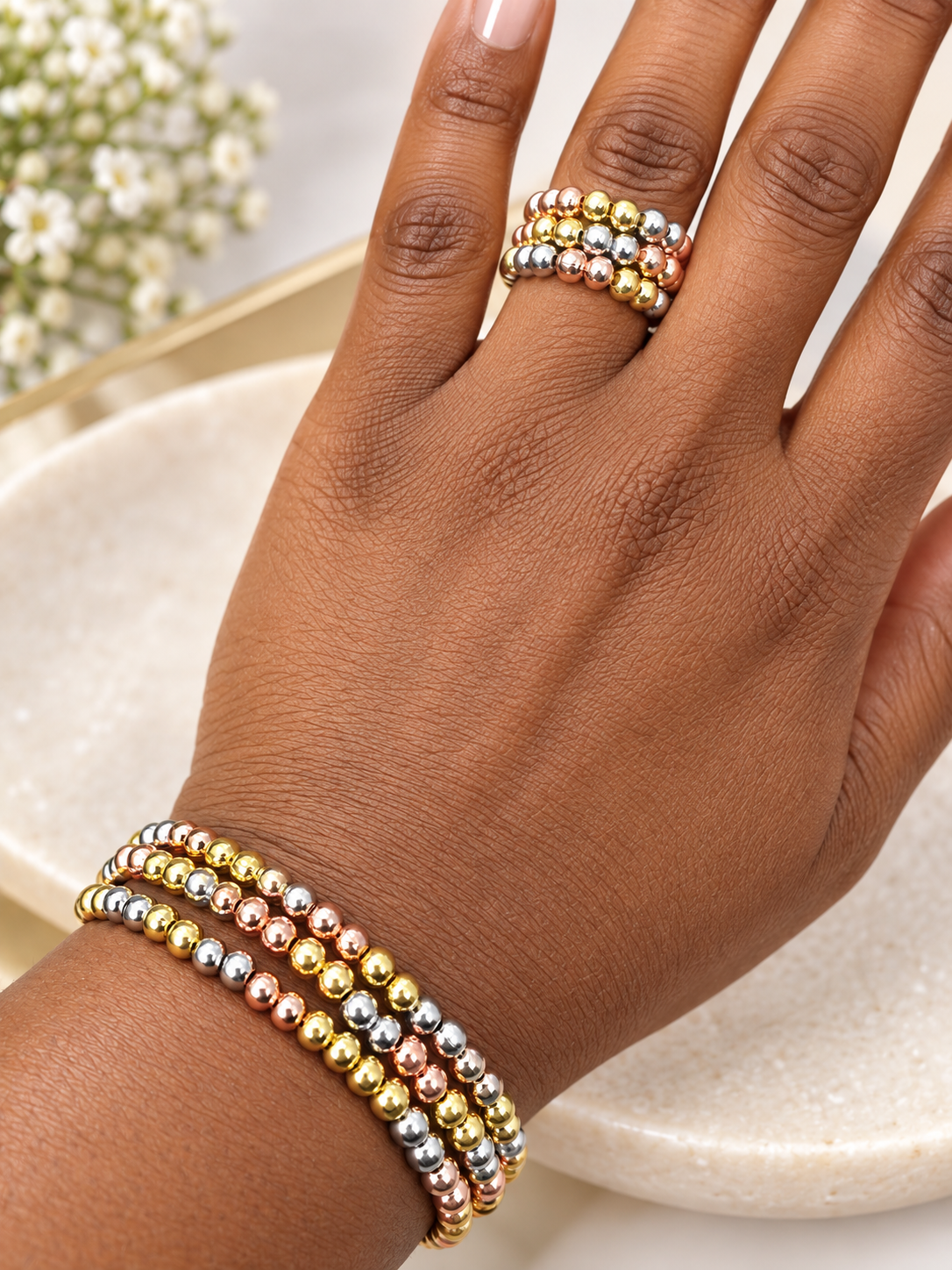 Three-Tone Beaded Bracelet & Ring Set