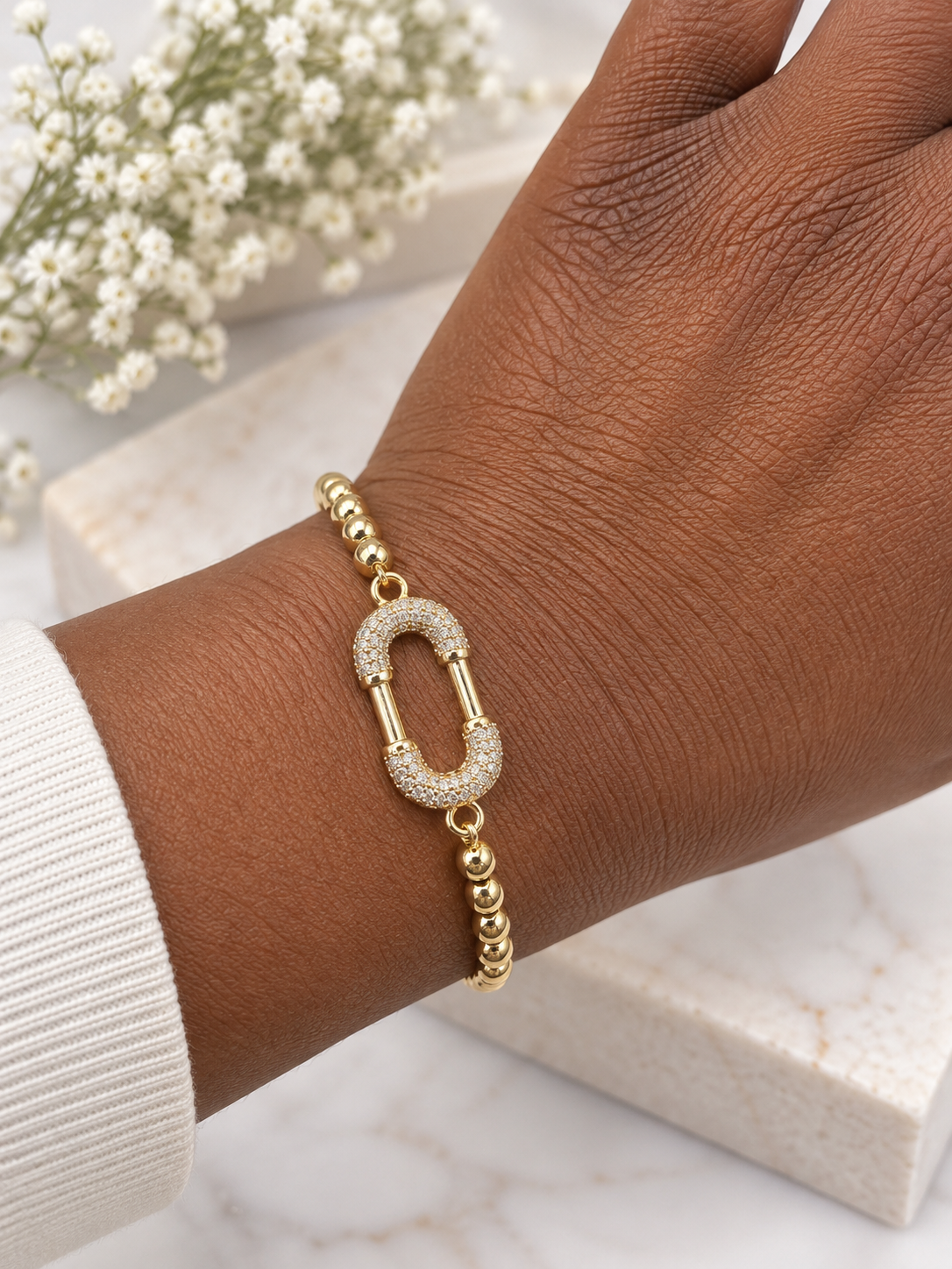 Gold Ball Bracelet with Crystal Carabiner Charm