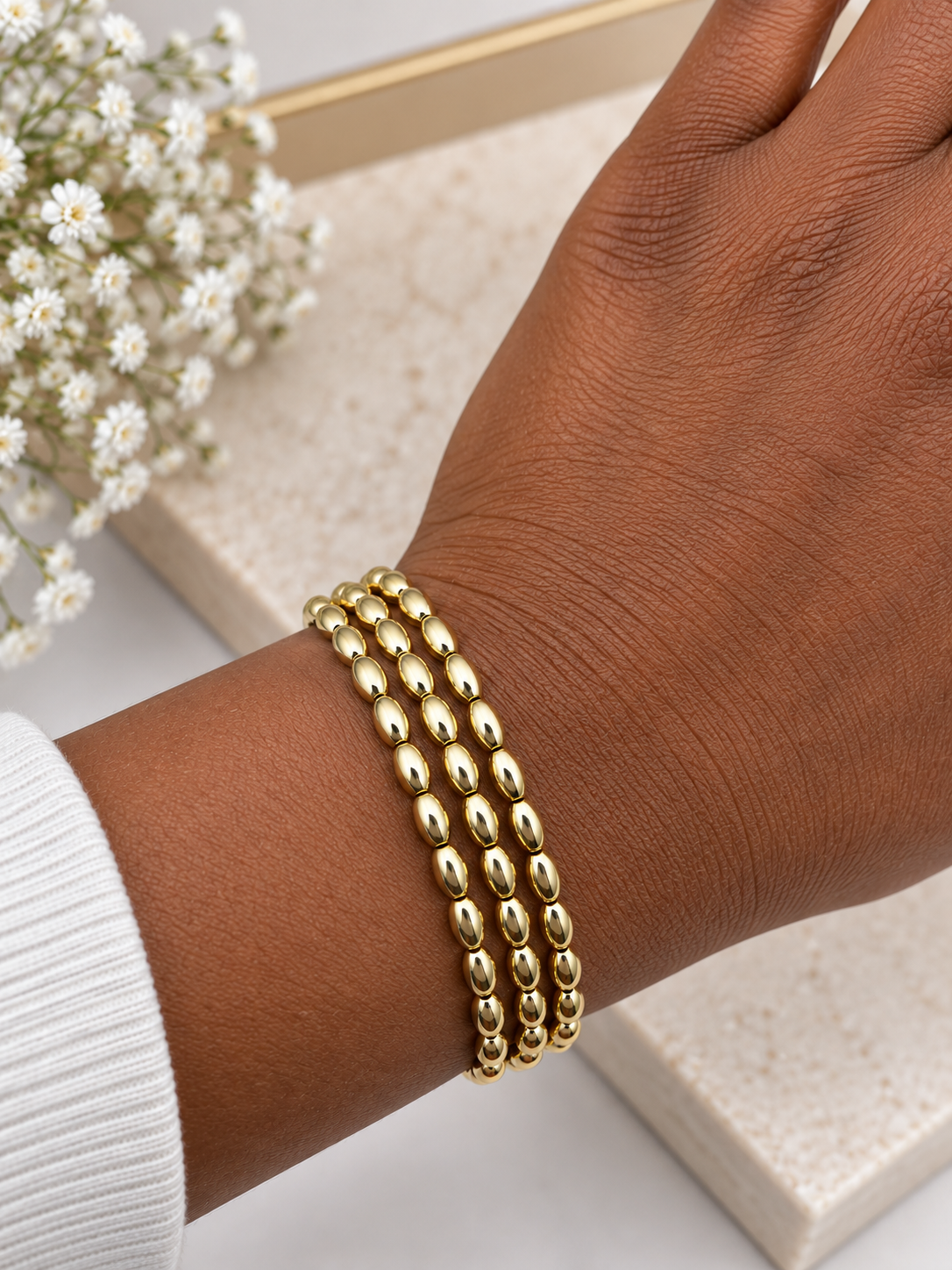 Gold Oval Bead Bracelet – 3 Row Layered Stretch Bracelet