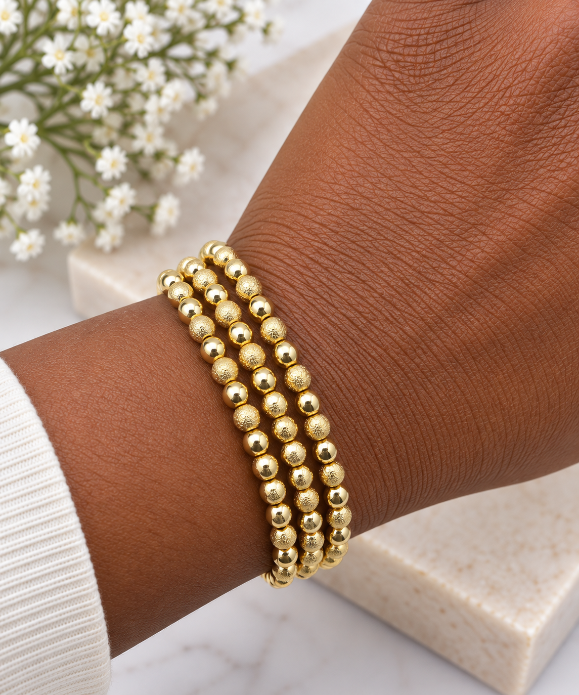 3 Piece Textured & Polished Ball Stretch Bracelet - 4mm