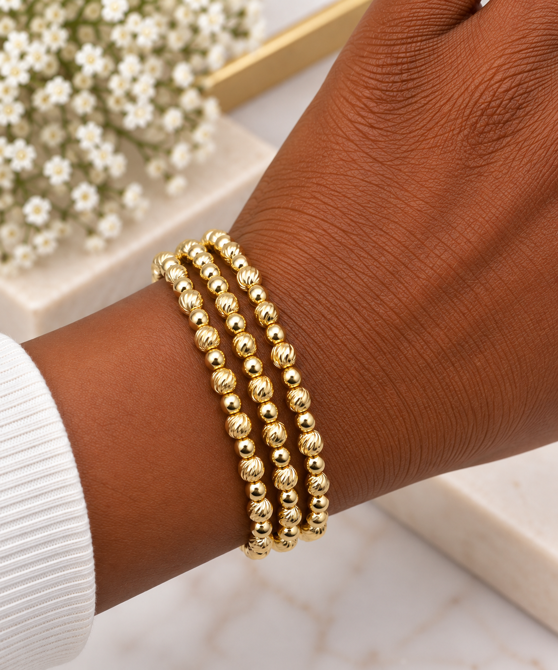 3 Piece Twisted & Polished Gold Ball Elasticated Stack